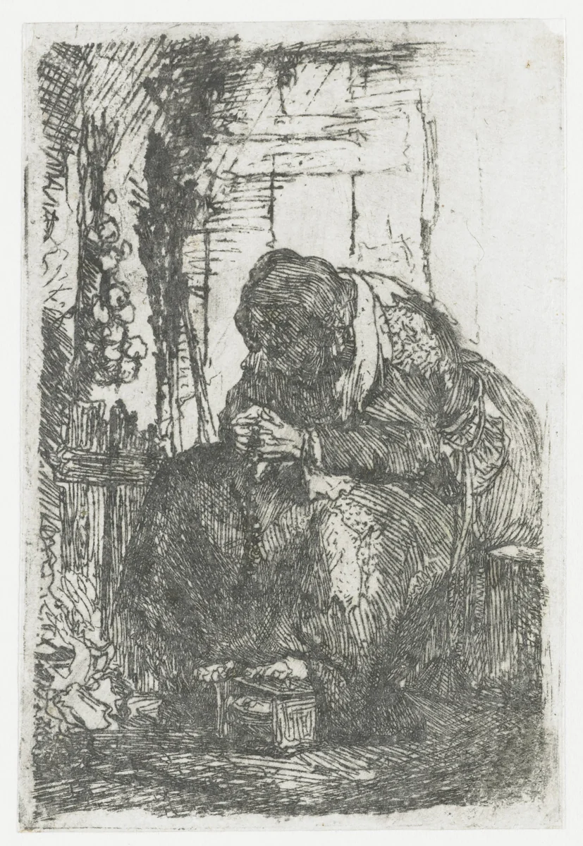 Old Woman Seated in a Cottage, with a String of Onions by Rembrandt van Rijn, print, 1629