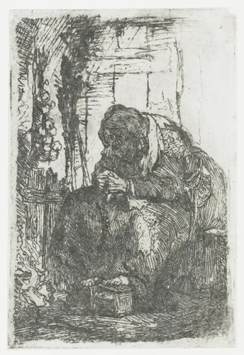 Old Woman Seated in a Cottage, with a String of Onions by Rembrandt van Rijn, print, 1629