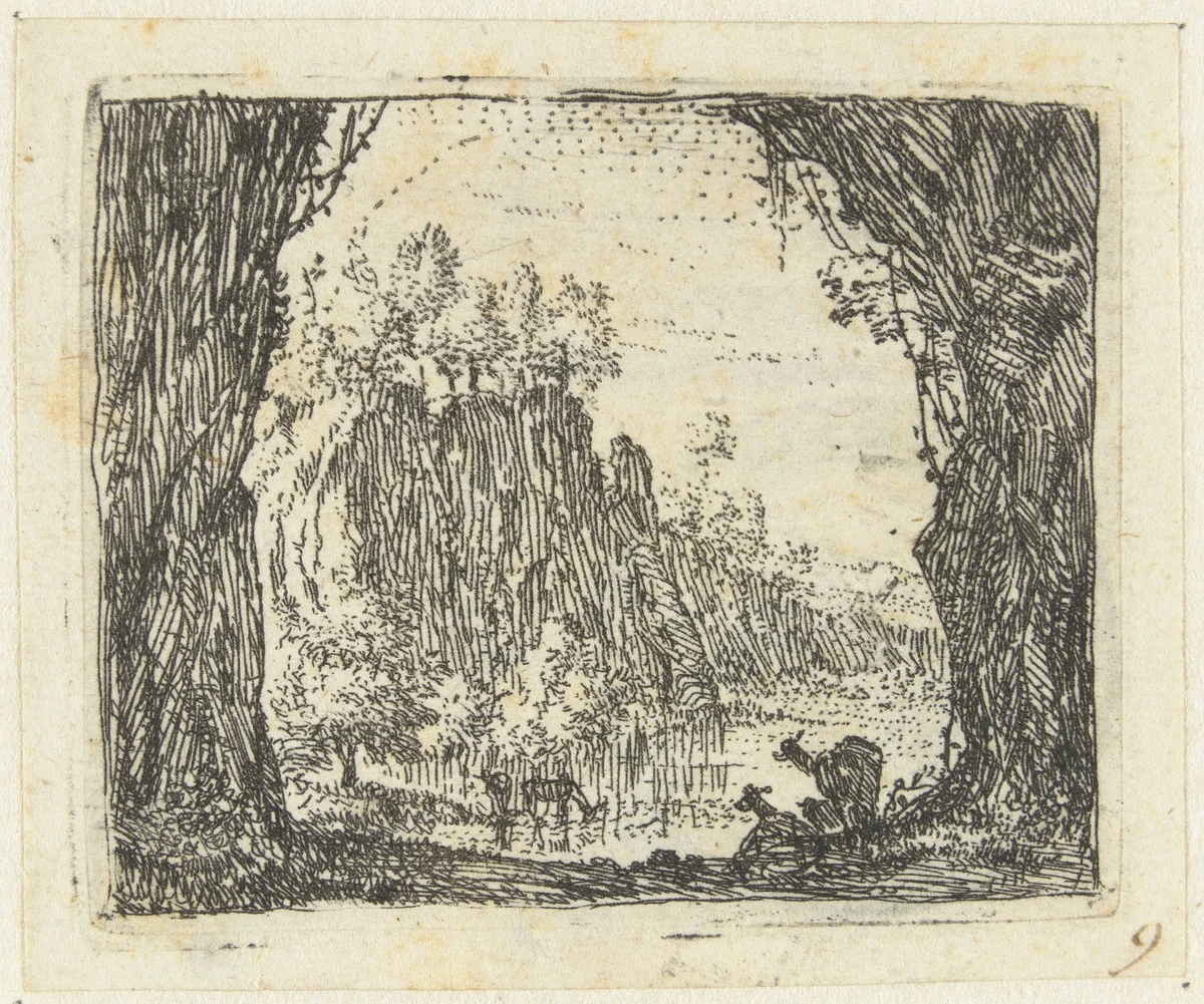 Italianiserend landschap met geiten bij een rivier by Karel du Jardin, print, 1652-1659
