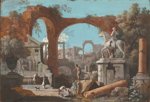 A Capriccio of Roman Ruins by Marco Ricci, drawing, 1727-1729