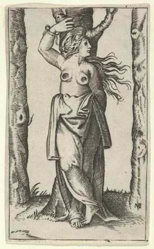 Saint Agatha tied to a tree, her breasts cut off, from "Piccoli Santi" (Small Saints) by anonymous, print, 1495-1505