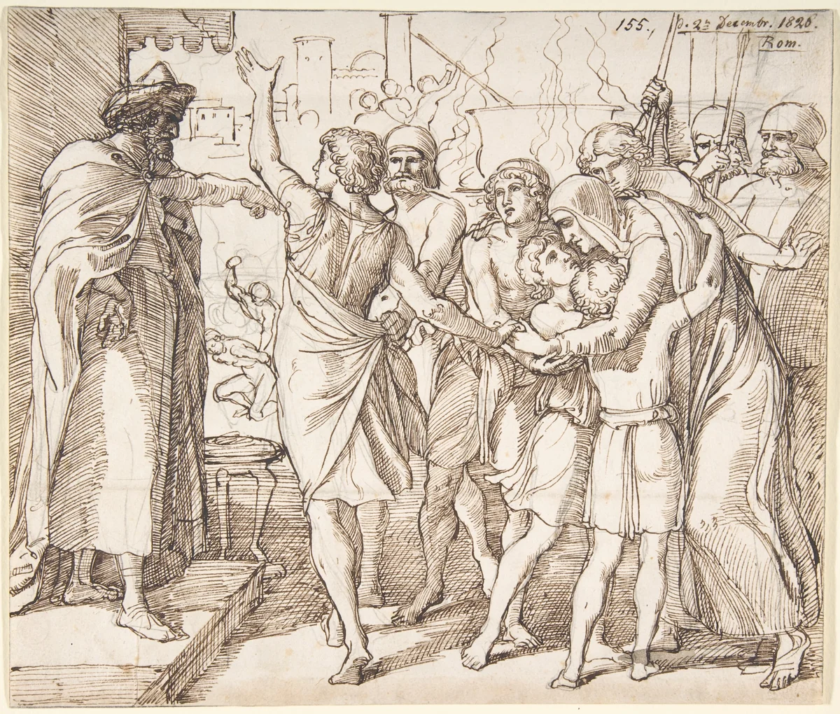The Martyrdom of the seven brothers; verso: Sketch of two men wrestling (?) by Julius Schnorr von Carolsfeld, drawing, 1826