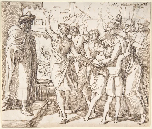 The Martyrdom of the seven brothers; verso: Sketch of two men wrestling (?) by Julius Schnorr von Carolsfeld, drawing, 1826