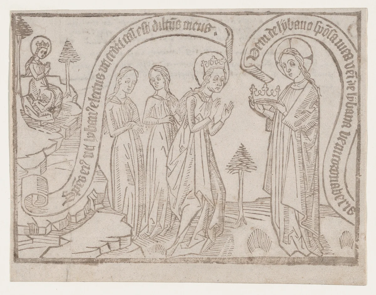 The Bridegroom Offering a Crown to the Bride, from a "Canticum Canticorum" block book, second edition by anonymous, print, 1455-1470