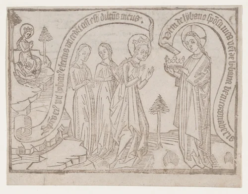 The Bridegroom Offering a Crown to the Bride, from a "Canticum Canticorum" block book, second edition by anonymous, print, 1455-1470