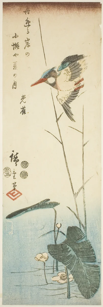 Kingfisher above a Yellow-flowered Water Plant by Utagawa Hiroshige (歌川広重), print, 1853