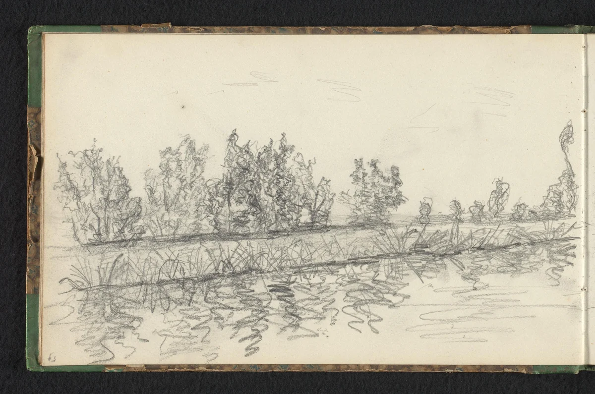 Bosrand weerspiegelend in het water by Jan Bedijs Tom, drawing, 1823-1894