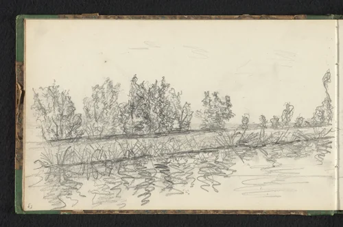 Bosrand weerspiegelend in het water by Jan Bedijs Tom, drawing, 1823-1894