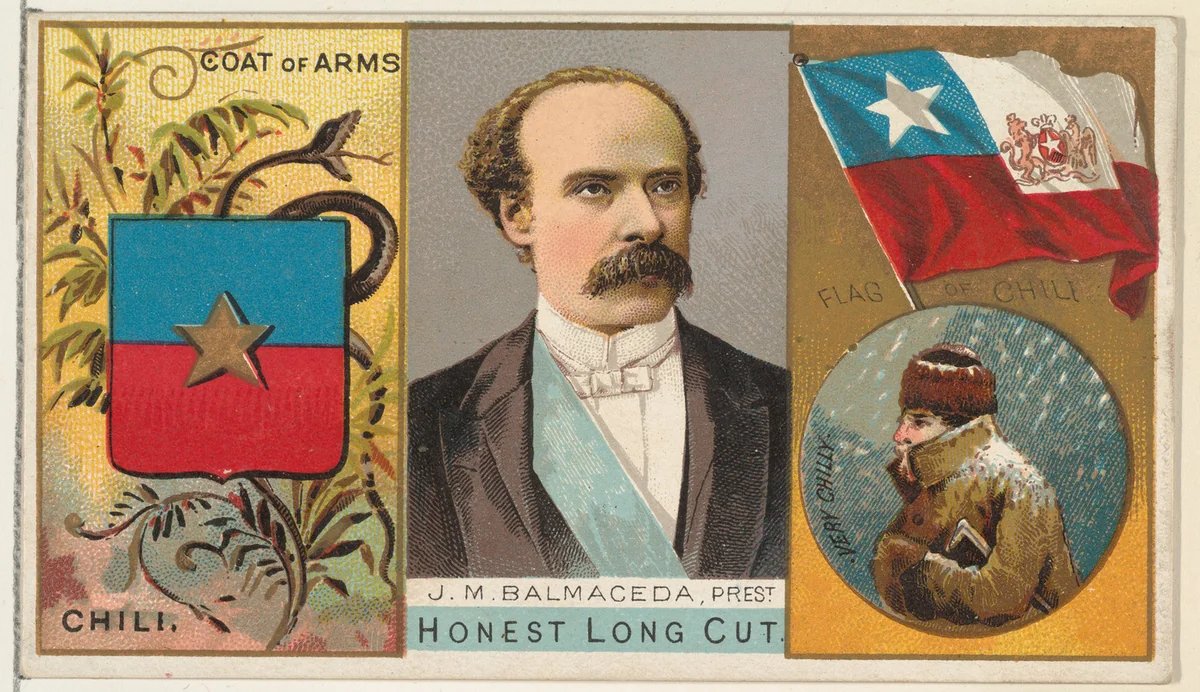 J. M. Balmaceda, President of Chili, from the Rulers, Flags, and Coats of Arms series (N126-1) issued by W. Duke, Sons & Co. by W. Duke, Sons & Co., print, 1888