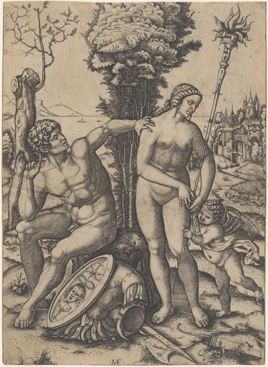 Mars seated at the left, his left hand on Venus's shoulder, cupid beside her at the right by Marcantonio Raimondi, print, 1508