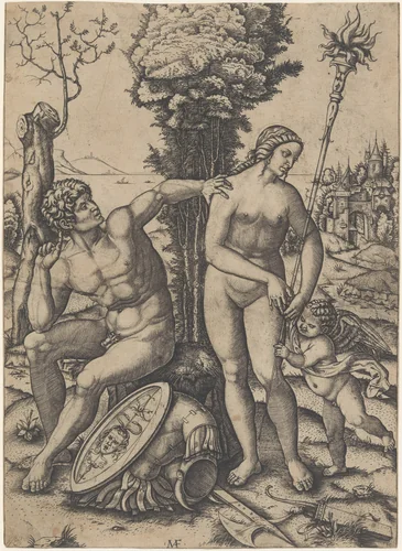 Mars seated at the left, his left hand on Venus's shoulder, cupid beside her at the right by Marcantonio Raimondi, print, 1508