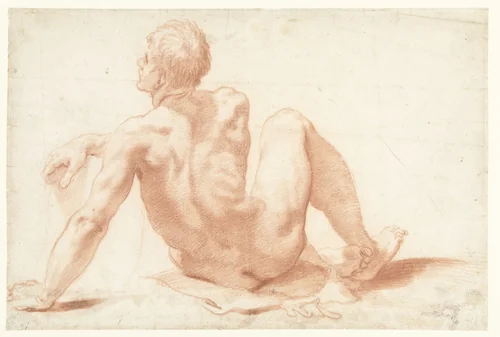 Studie van een zittend mannelijk naakt by Sisto Badalocchio, drawing, 1602-1612