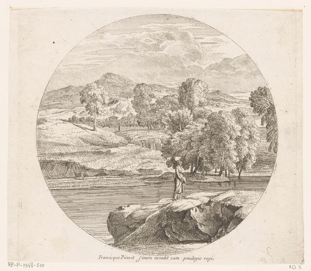 Arcadisch rivierlandschap met een jonge vrouw met een pakket op haar hoofd by Théodore, print, 1690-1730