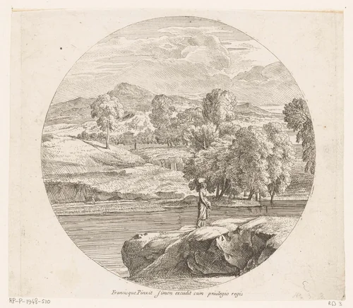 Arcadisch rivierlandschap met een jonge vrouw met een pakket op haar hoofd by Théodore, print, 1690-1730
