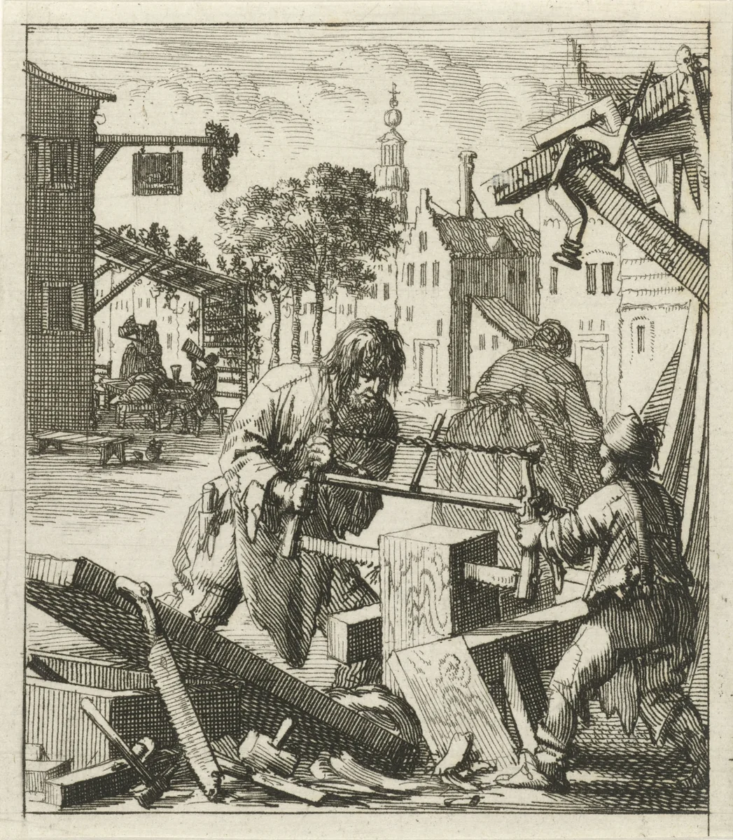 Man zaagt samen met een jongen hout in een timmermanswerkplaats by Jan Luyken, print, 1689