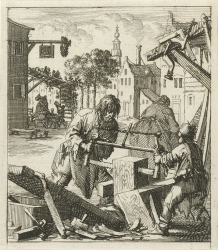 Man zaagt samen met een jongen hout in een timmermanswerkplaats by Jan Luyken, print, 1689