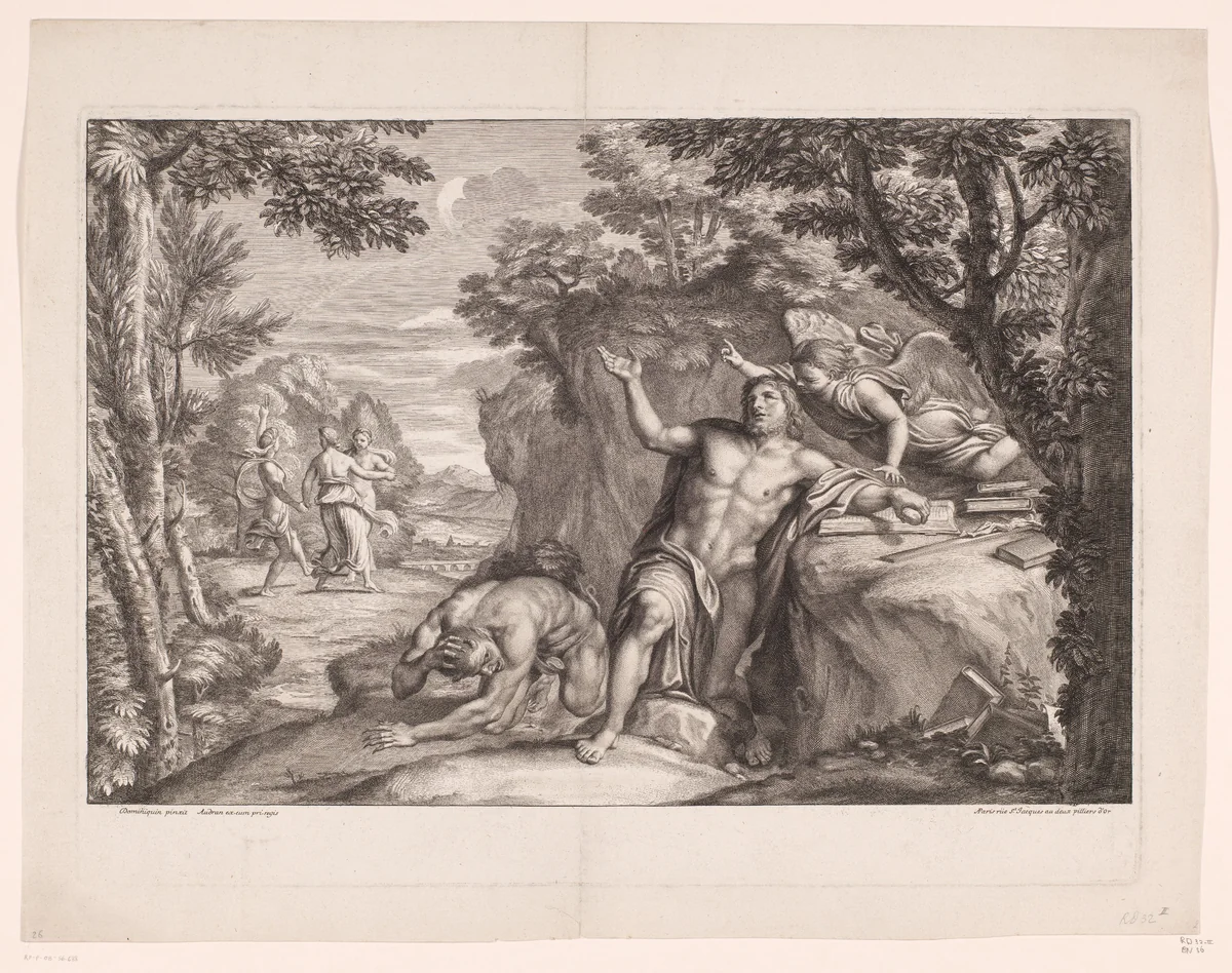 Verzoeking van Hieronymus in de woestijn by Gérard Audran, print, 1650-1703