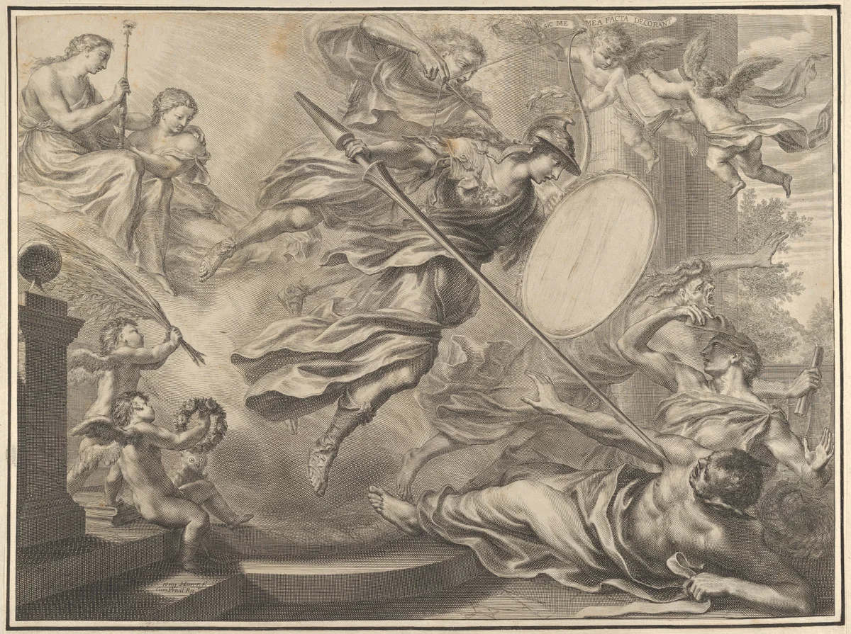 Minerva armed with a shield and lance attacking three nearly prone figures by Grégoire Huret, print, 1620-1650