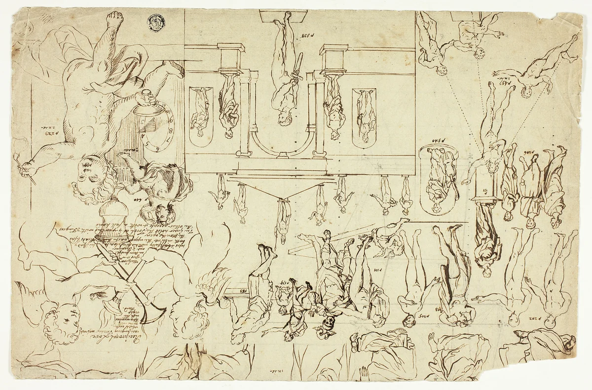 Copies after Illustrations of Statues and Paintings (recto); Measurements for a Man's Skeleton (verso) by Gerard de Lairesse, drawing, 1660-1750