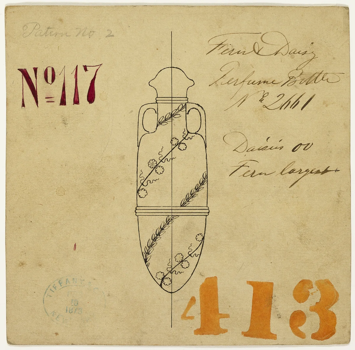 Design for Fern and Daisy Perfume Bottle No. 2661 by Tiffany and Company, artwork, 1870-1875