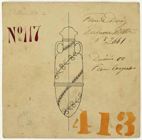 Design for Fern and Daisy Perfume Bottle No. 2661 by Tiffany and Company, artwork, 1870-1875