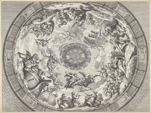 Koepeldecoratie met oudtestamentische figuren en engelen by Francesco Faraone Aquila, print, 1695