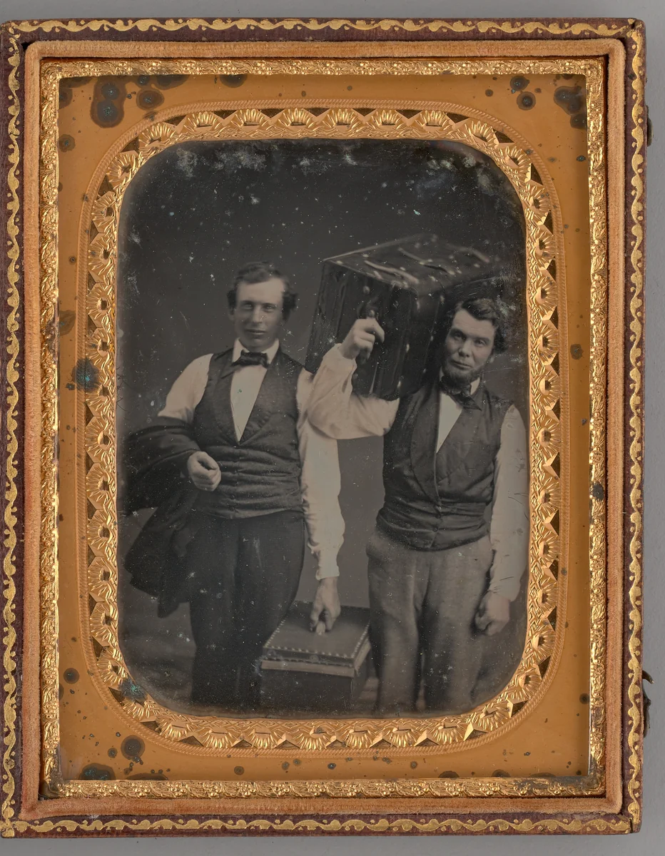 Untitled (Portrait of Two Standing Men Carrying Trunks) by Unknown maker, other, 1855