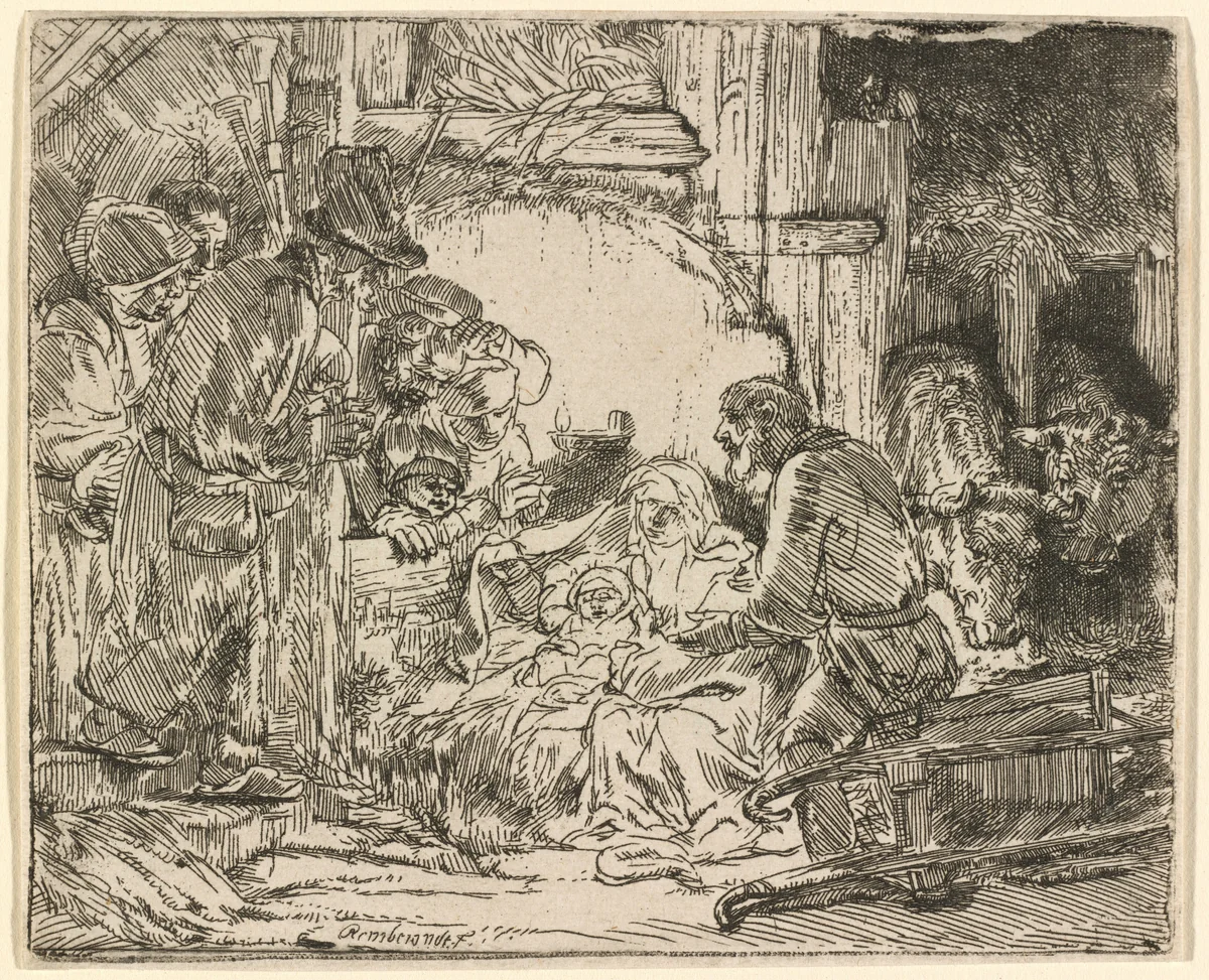 The Adoration of the Shepherds: with the Lamp by Rembrandt van Rijn, print, 1654