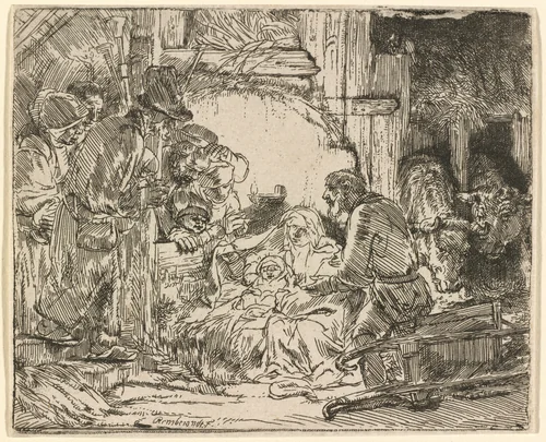 The Adoration of the Shepherds: with the Lamp by Rembrandt van Rijn, print, 1654