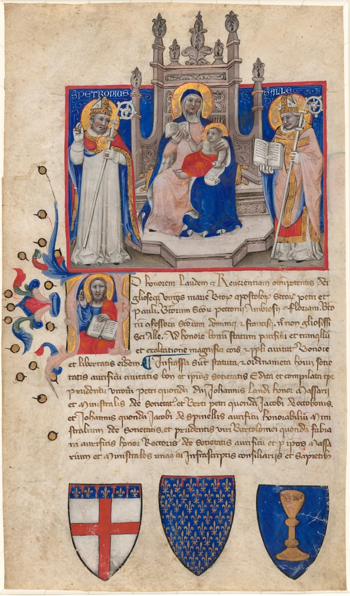 Madonna and Child Enthroned between Saints Petronius and Alle (Eligius); Christ in the Initial A by Niccolò di Giacomo da Bologna, drawing, 1383