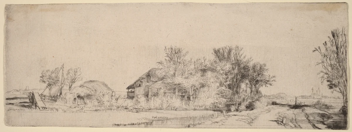 Landscape with a Road beside a Canal by Rembrandt van Rijn, print, 1652