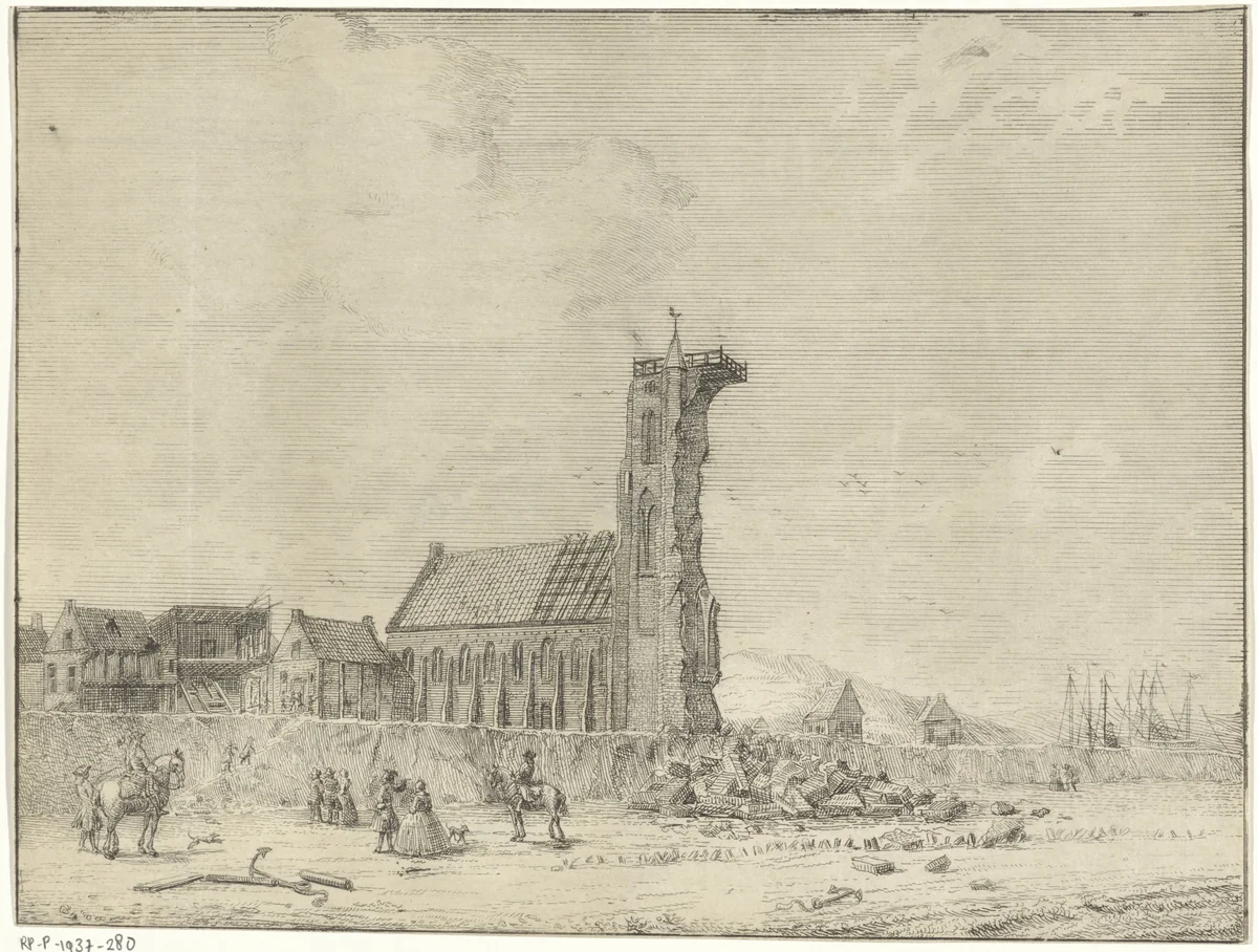 Ingestorte toren te Egmond aan Zee, 1741 by anonymous, print, 1741-1791