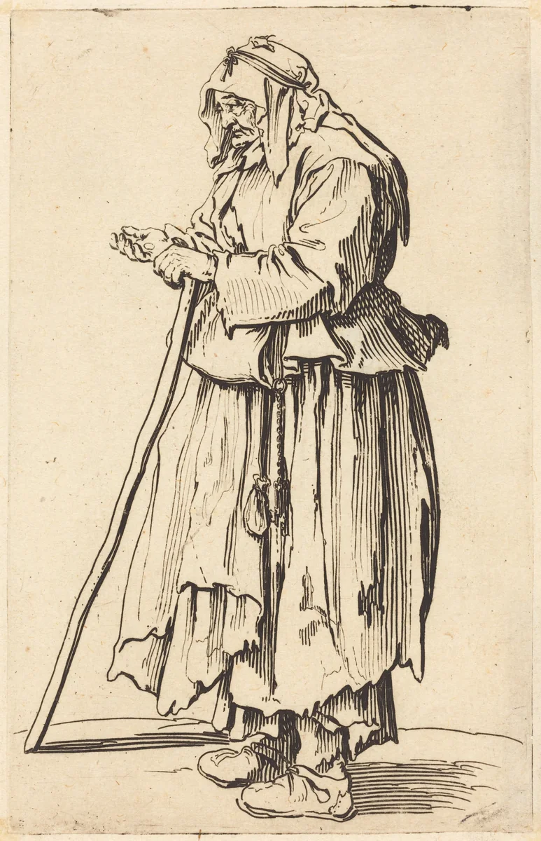 Beggar Woman Receiving Charity by Jacques Callot, print, 1622