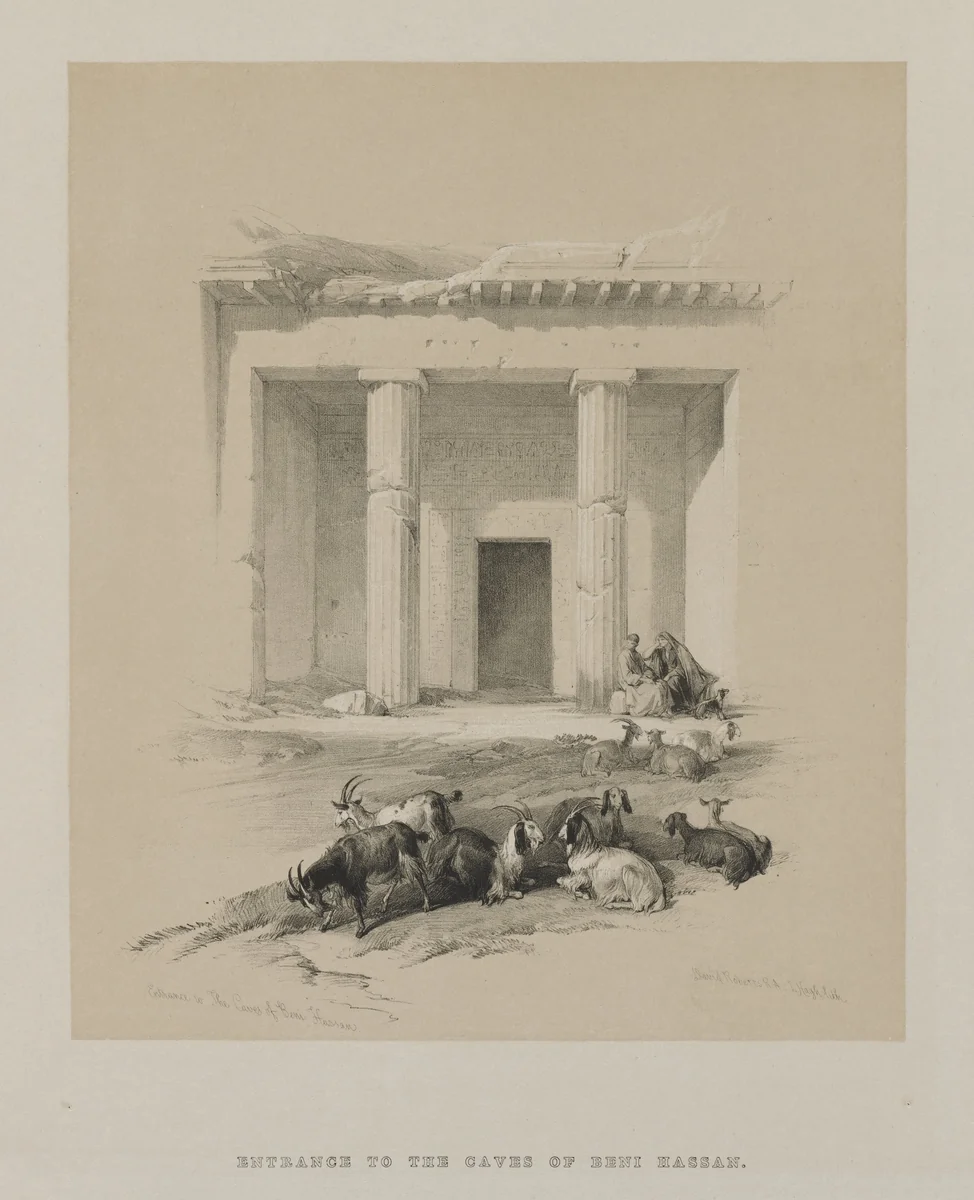 Egypt and Nubia, Volume I: Entrance to the Caves of Beni-Hasan by Louis Haghe, print, 1847