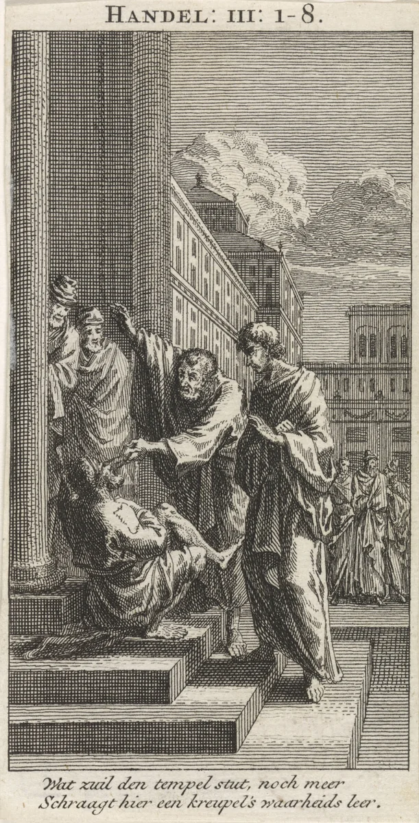 Petrus en Johannes genezen een verlamde man bij de tempelpoort by anonymous, print, 1712
