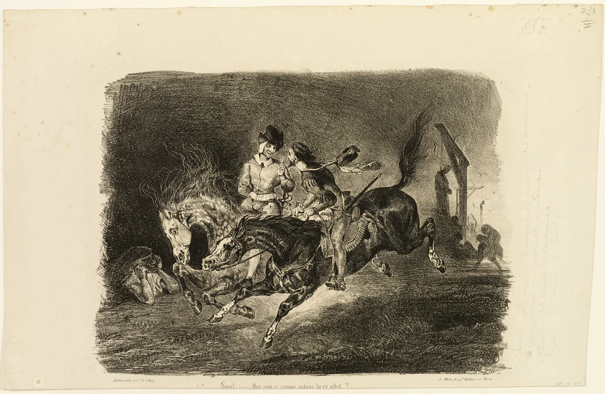 Faust and Mephistopheles Galloping Through the Night of the Witches' Sabbath by Eugène Delacroix, print, 1828