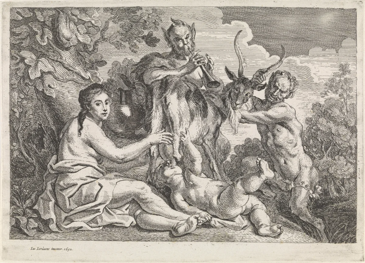 Het kind Jupiter wordt gevoed door de geit Amalthea by anonymous, print, 1652-1702