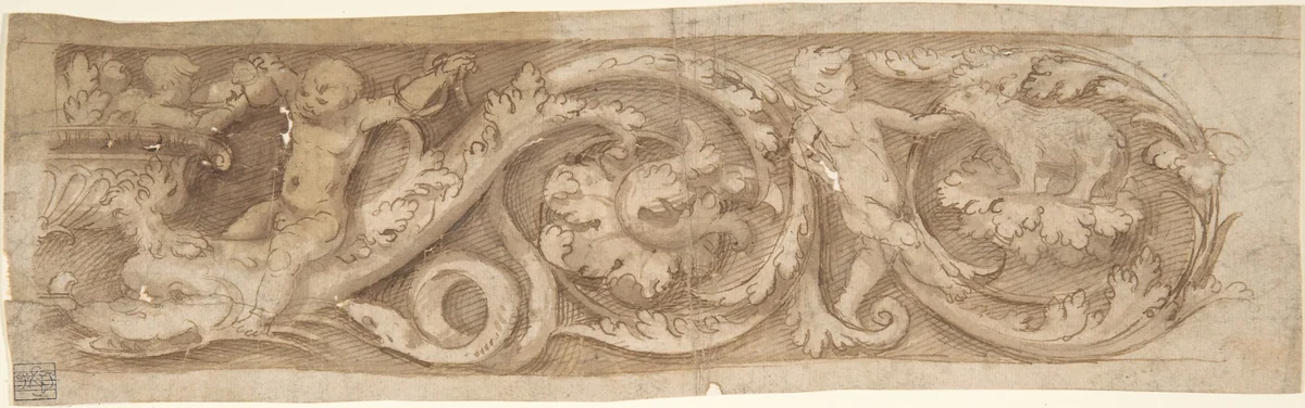 Frieze with Rinceaux and Putti by anonymous, drawing, 1500-1599