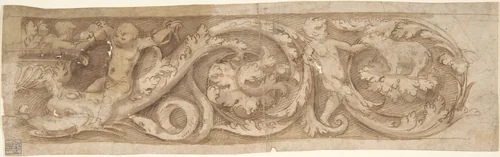 Frieze with Rinceaux and Putti by anonymous, drawing, 1500-1599