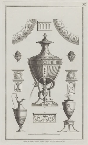 Vases and Ornament Designs, nos. 200-208, plate 38 from "Designs for Various Ornaments" by Michelangelo Pergolesi, print, 1782