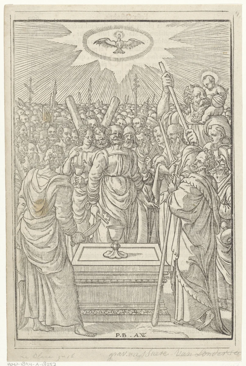 Petrus, Johannes en Paulus door andere heiligen omgeven by Unknown, print, 1571-1632