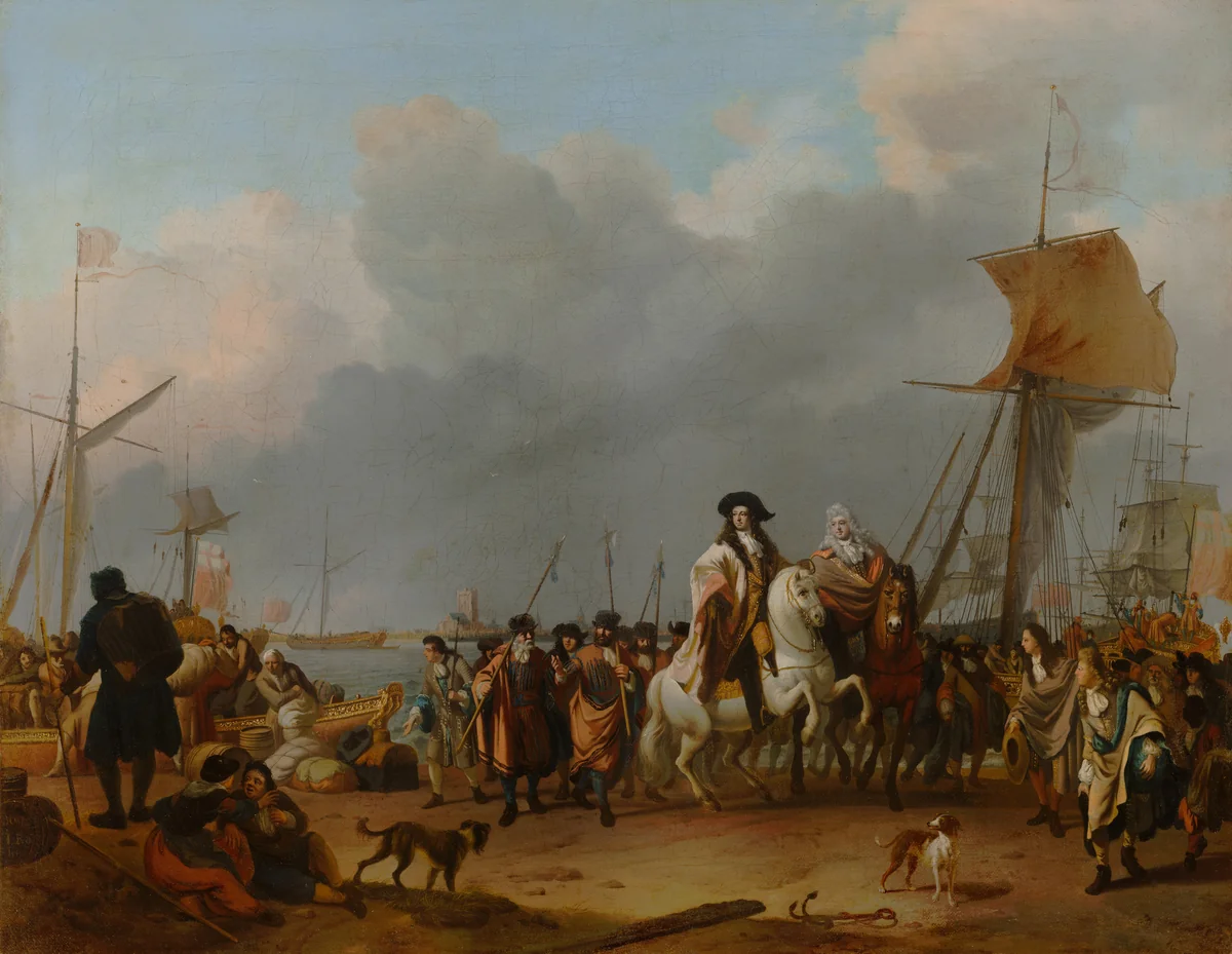 The Arrival of Stadholder-King Willem III (1650- 1702) in the Oranjepolder on 31 January 1691 by Ludolf Bakhuysen, painting, 1692