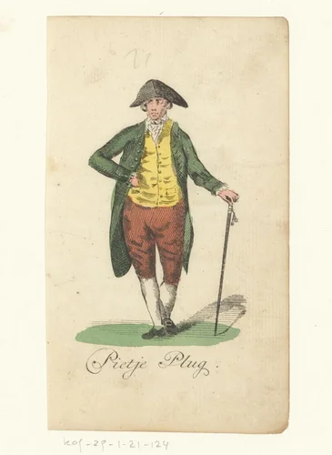 Staande man met tweekantige steek en wandelstok by anonymous, print, 1821-1829