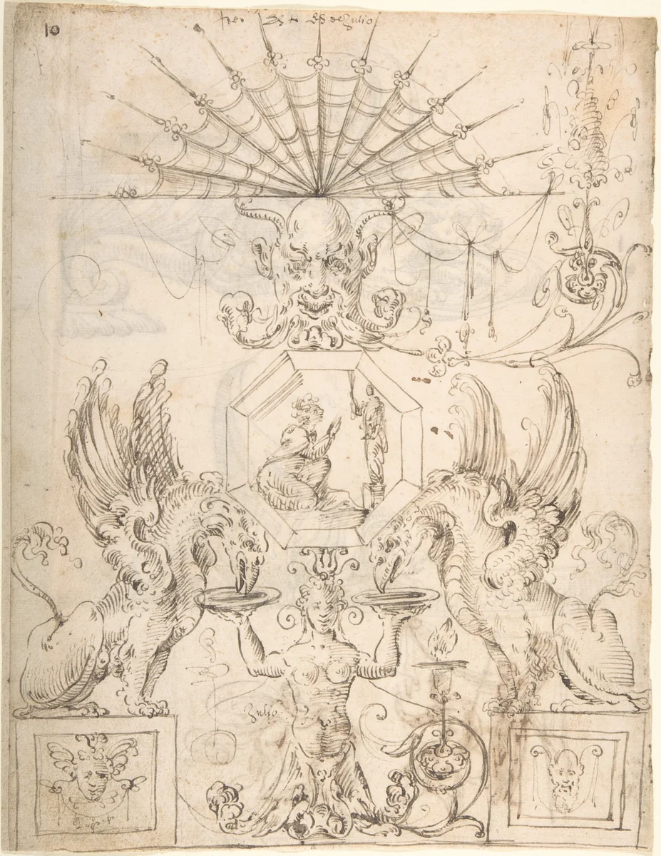 Griffins, female grotesque, mask and figures (recto); two turtle-like creatures and a scene with figures (verso) by Andrés de Melgar, drawing, 1540-1550