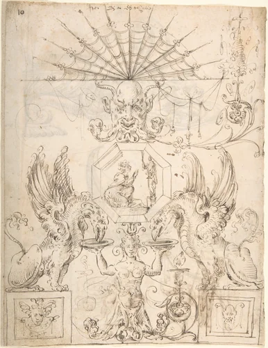 Griffins, female grotesque, mask and figures (recto); two turtle-like creatures and a scene with figures (verso) by Andrés de Melgar, drawing, 1540-1550