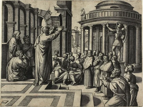Saint Paul Preaching at Athens by Marcantonio Raimondi, print, 1517-1520