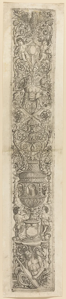 Triton and Two Infant Satyrs, plate four from Twelve Ornament Panels by Giovanni Antonio da Brescia, print, 1505-1515