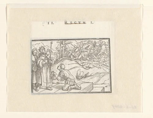 Man uit legerkamp van Israël met kroon van Saul voor David by Hans Holbein, print, 1538