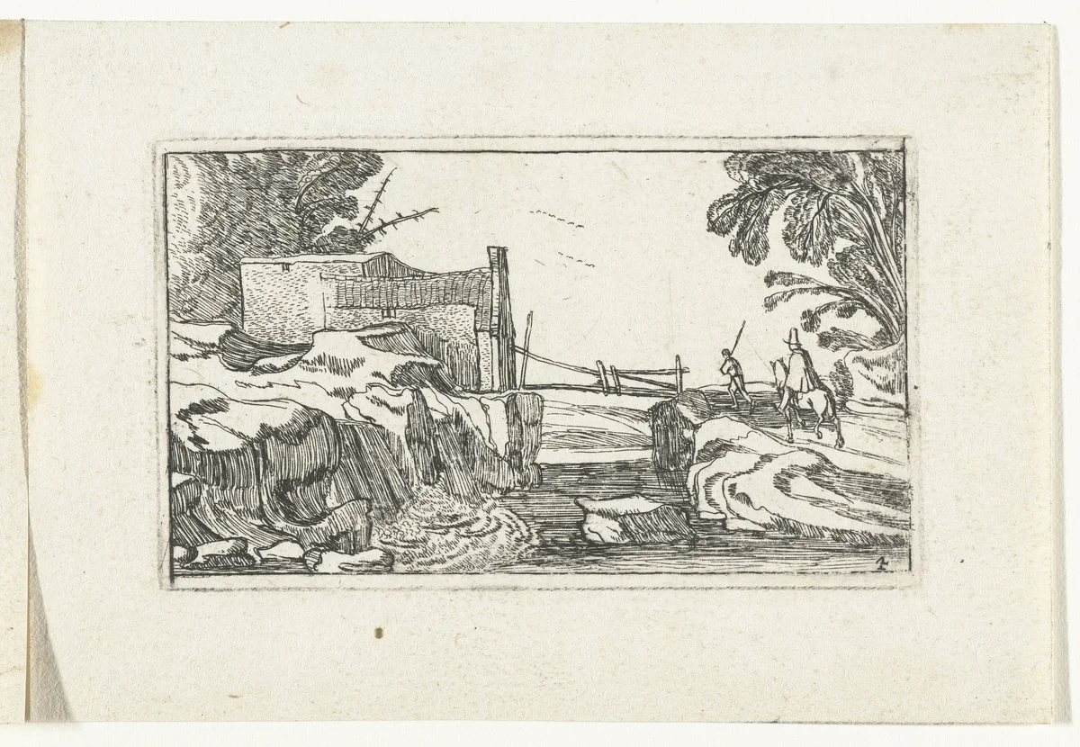 Weg langs een waterval by anonymous, print, 1610-1617