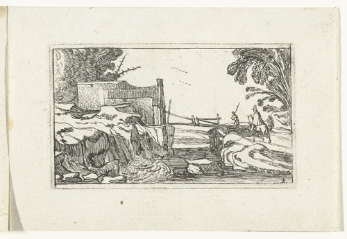 Weg langs een waterval by anonymous, print, 1610-1617